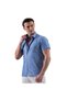 Oxford Cotton Slim Fit Short Sleeve Summer Shirt with Blue Collar and Polka Dot Detail on the Chest - 3