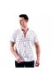 Brown Navy Blue Floral Printed Cotton Hawaiian Crochet Collar Short Sleeve Summer Shirt on White - 7
