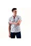 Brown Navy Blue Floral Printed Cotton Hawaiian Crochet Collar Short Sleeve Summer Shirt on White - 2