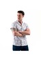 Brown Navy Blue Floral Printed Cotton Hawaiian Crochet Collar Short Sleeve Summer Shirt on White - 3