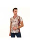 Beige Brown and Purple Patterned Special Design Voile Cotton Hawaiian Crochet Neck Short Sleeve Summer Shirt - 2