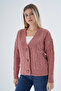 Women's Dusty Rose Oversize V-Neck Hair Braided Openwork Buttoned Wool Blend Knitwear Knitted Long Cardigan