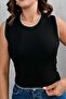 Black Knit Fabric Sleeveless Blouse with Embroidery Detail 2415 - 2