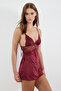 Bordo Dantelli ve Yırtmaçlı İp Askılı Örme Babydoll/Fantezi Gecelik THMAW23CY00002 - 2