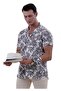 Black Floral Print on White Hawaiian Relaxed Fit Short Sleeve Summer Shirt - 4