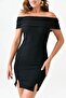 Women's Stretchy Fabric Madonna Collar Slit Design Black Mini Dress 12366 - 2