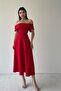 Red Atlas Fabric Madonna Collar Detail Red Flared Midi Dress 222 - 4