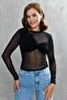 Black Tulle Fabric Gather Design Long Sleeve Transparent Blouse 300 - 7