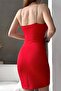 Red Scuba Fabric, Low-cut and Slit Detailed, Stone Design, Strappy Mini Evening Dress 582524 - 4