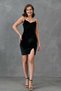 Women's velvet fabric stone strap cross collar slit detailed black mini dress 582691 - 4