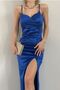 Satin Fabric Low-cut and Slit Detailed Design Maxi Cobalt Blue Dress 582177 - 6