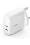 شاحن حائط Belkin PD 40W بمنفذين USB-C (20W USB-C + 20W USB-C) باللون الأبيض