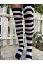 Women's Black White Striped Cotton Over The Knee Sports Socks - 3