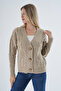 Women's Beige Oversize V-Neck Hair Braided Openwork Buttoned Wool Blend Knitwear Knitted Long Cardigan - 2