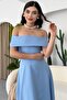 Baby Blue Midi Atlas Evening Dress - Madonna Collar Design 222 - 3