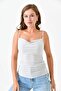 Women's sandy fabric ruched design pearl strap design beige blouse 10436 - 6