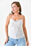 Women's sandy fabric ruched design pearl strap design beige blouse 10436 - 4