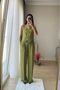 Women's Green Linen Button Detail Vest Pants Set