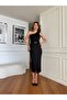 Women's Black One-Shoulder Imported Fabric Beaded Embroidered Furry Belt Detailed Lined Design Dress - 6