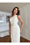 Women's White One-Shoulder Imported Fabric Beaded Feathered Belt Detail Lined Design Dress - 2