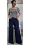 Navy Blue Elastic Waist Summer Lightweight Loose-Leg Combed Viscose Trousers - 4