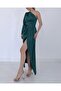 Emerald Green Satin Single Sleeve Slit Dress - 7