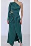 Emerald Green Satin Single Sleeve Slit Dress - 3