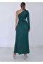Emerald Green Satin Single Sleeve Slit Dress - 4