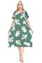 Women's Loose Fit Short Sleeve Green Leaf Pattern Large Size Dress