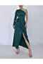 Emerald Green Satin Single Sleeve Slit Dress - 6