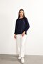 Women's Lycra Mid-Age and Above Four Seasons Navy Blue Mother's Combed Cotton Blouse with Button Pattern and Elastic Sleeves