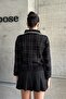 Black Patterned Women's Knitwear Cardigan - Shirt Collar and Button Detail - 4