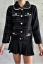 Black Patterned Women's Knitwear Cardigan - Shirt Collar and Button Detail - 3