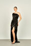 Women's Stone Chain Strap Fish Shape Satin Evening Dress 4547 Black - 2