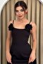 Women's Atlas Fabric Strapless Neckline Black Rose Accessory Design Strap Black Maxi Evening Dress 258 - 6