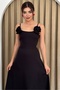 Black Atlas Fabric Strapless Neckline Black Rose Accessory Strap Maxi Evening Dress 258 - 5