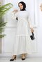 Women's Ecru Wrap Fabric Waist Lace-up Lace Detailed Hijab Dress - 3