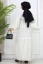 Women's Ecru Wrap Fabric Waist Lace-up Lace Detailed Hijab Dress - 4