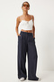 Women's Navy Blue Wide Leg Mid Waist Pants Hk00038 - 3
