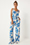 Women's Blue Ecru Patterned Viscose Blouse Palazzo Trousers Set Fn03251 - 5