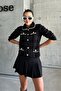 Black Patterned Women's Knitwear Cardigan - Shirt Collar and Button Detail - 6
