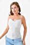 Women's sandy fabric ruched design pearl strap design beige blouse 10436