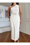 Women's White One-Shoulder Imported Fabric Beaded Feathered Belt Detail Lined Design Dress - 4