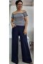 Navy Blue Elastic Waist Summer Lightweight Loose-Leg Combed Viscose Trousers - 2