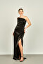 Women's Stone Chain Strap Fish Shape Satin Evening Dress 4547 Black - 4