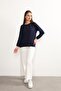 Women's Lycra Mid-Age and Above Four Seasons Navy Blue Mother's Combed Cotton Blouse with Button Pattern and Elastic Sleeves - 2