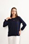 Women's Lycra Mid-Age and Above Four Seasons Navy Blue Mother's Combed Cotton Blouse with Button Pattern and Elastic Sleeves - 5