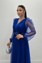 Tulle Fabric Double-Breasted Collar Stone Belt Detail Dress - COBALT BLUE - 3