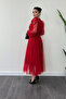 Tulle Fabric Double-Breasted Collar Stone Belt Detail Dress - RED - 5