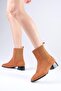Shania Tan Color Thin Fur Lined Elastic Blunt Toe Women's Heeled Boots